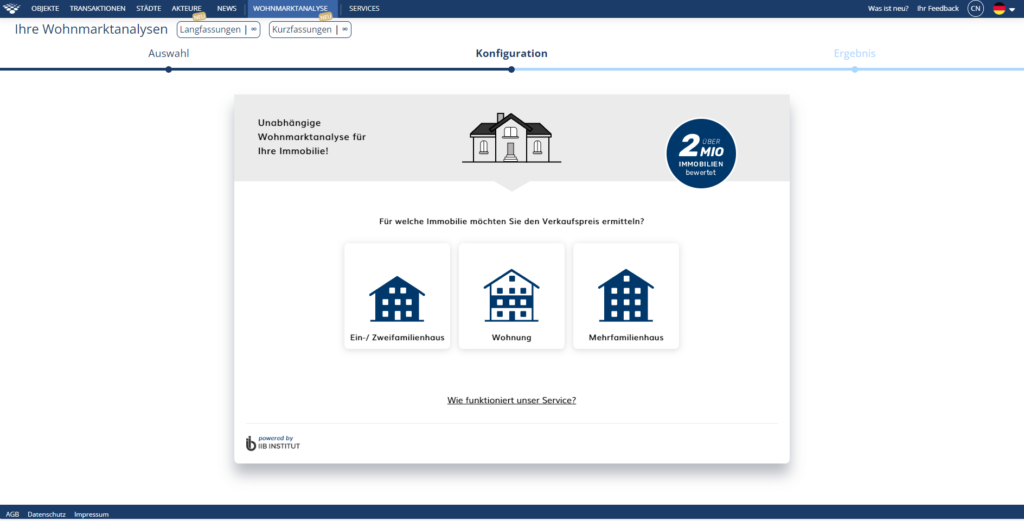Screen Startseite des Wizard zur Erstellung einer Wohnmarktanalyse